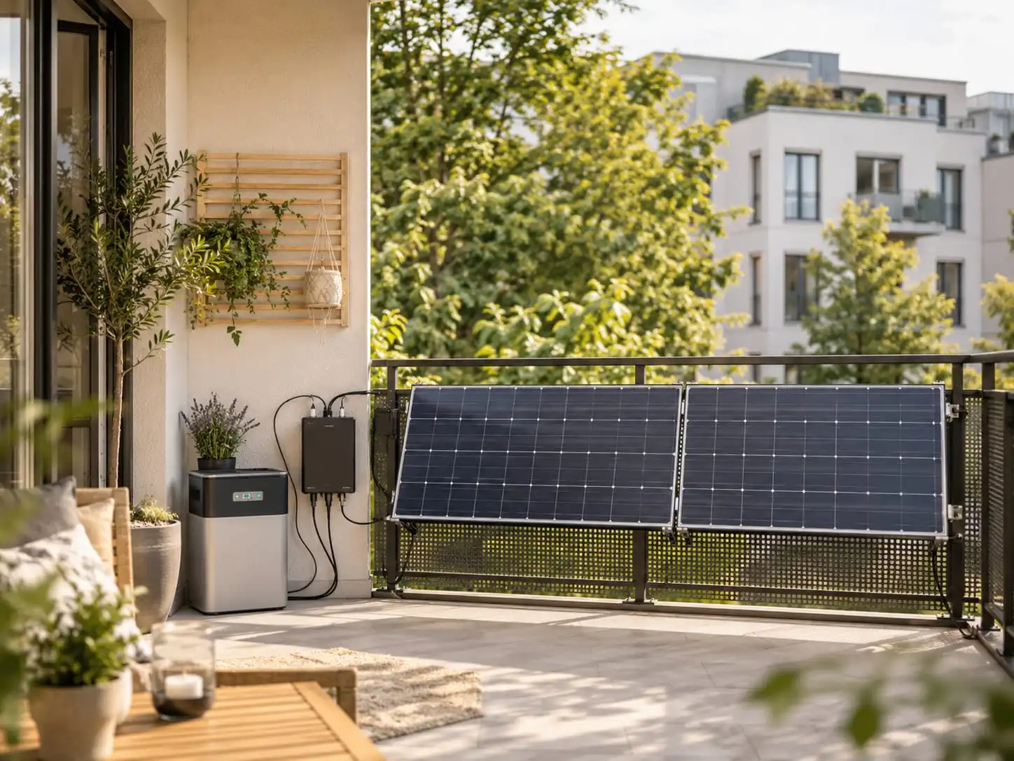 Balkonkraftwerk 800 Watt mit Speicher auf Balkon oder Terrasse