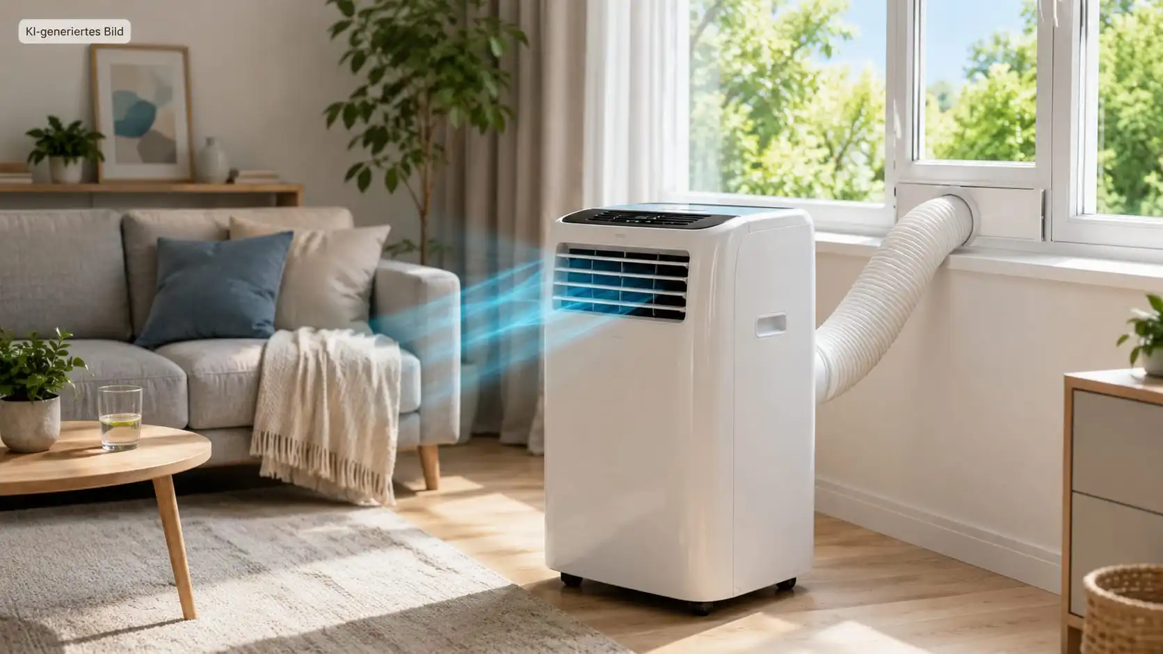 Mobile Klimaanlage in einem Wohnraum mit Fensterabdichtung als Beispiel für die passende Raumgröße