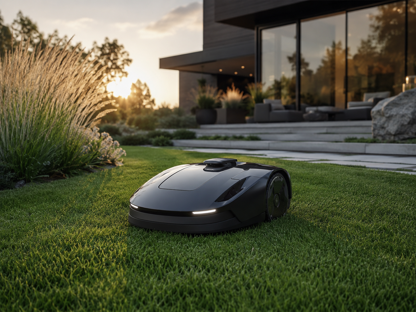 Mähroboter-Klingen wechseln: Verschleiß erkennen und sicher austauschen 1 Moderner Mähroboter auf grünem Rasen vor einer Terrasse in einem gepflegten Garten.