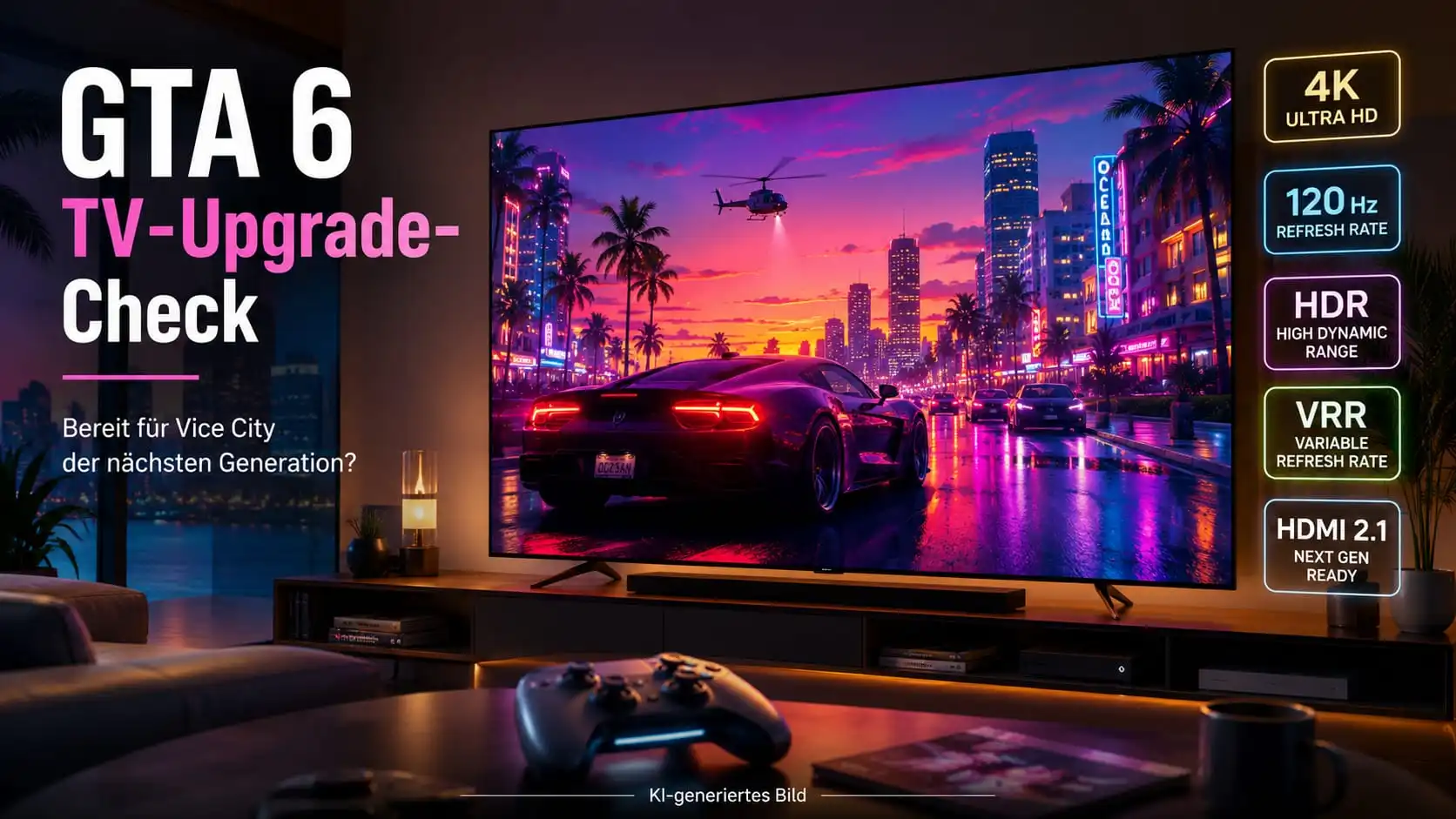 Gaming-Fernseher für GTA 6 mit Konsole im Wohnzimmer