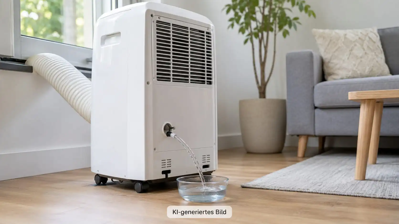 Kondenswasser bei mobilen Klimaanlagen richtig ablassen und Fehler einordnen 3 Mobile Klimaanlage mit Abluftschlauch zum Fenster in einem Wohnzimmer: Kondenswasser läuft aus dem unteren, bodennahen Ablauf in eine flache Glasschale auf dem Holzboden