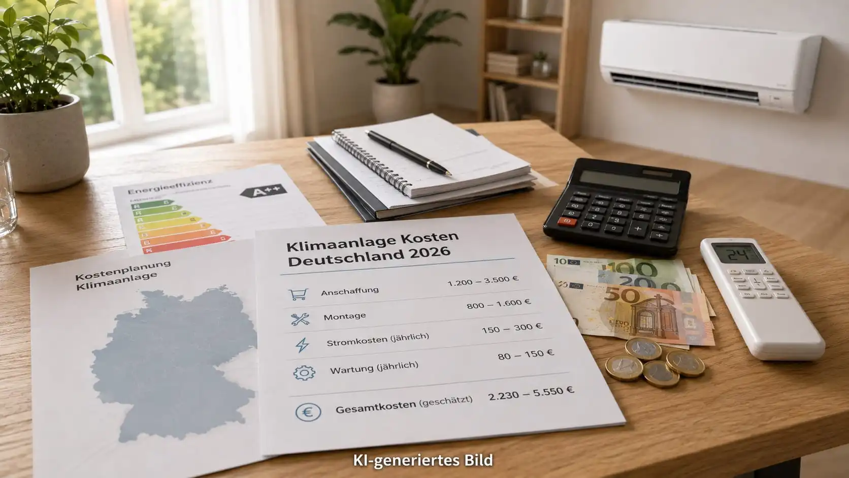 Mobile Klimaanlage: Stromverbrauch und Kosten richtig berechnen 3 Kostenplanung für eine Klimaanlage in Deutschland 2026: Infoblatt mit beispielhaften Posten von der Anschaffung bis zu den jährlichen Stromkosten, daneben Taschenrechner, Euro-Bargeld, Energielabel und Klimagerät an der Wand
