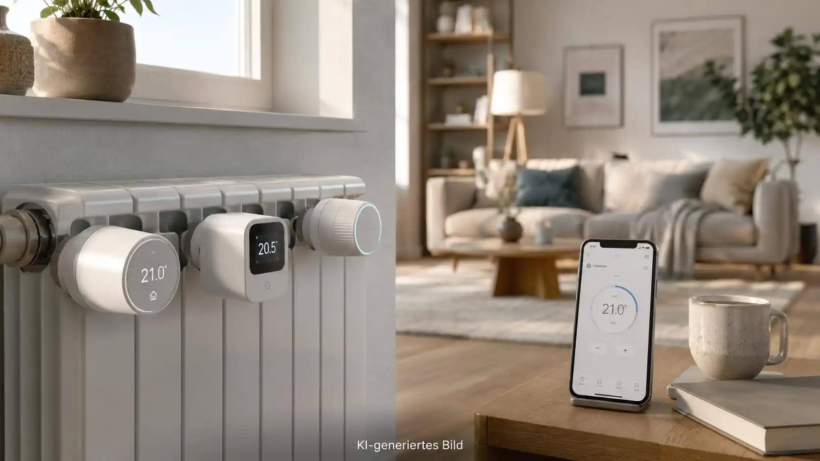 Smarte Heizkörperthermostate an einem Heizkörper mit Steuerung per Smartphone