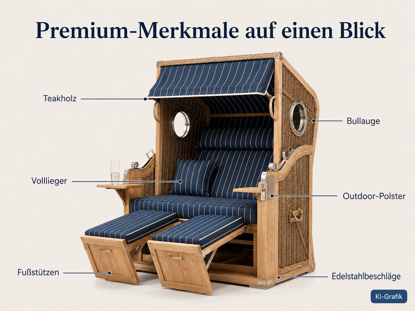 Infografik eines Teak-Strandkorbs mit markierten Merkmalen: Teakholz, Bullaugen, Volllieger, Fußstützen, Outdoor-Polster und Edelstahlbeschläge