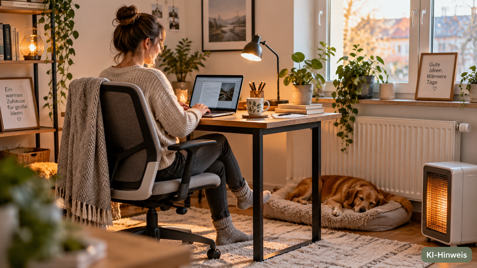 Home-Office heizen: Wie bleibt der Arbeitsplatz im Winter sparsam warm? 1 Heizmatte unter dem Schreibtisch im winterlichen Home-Office