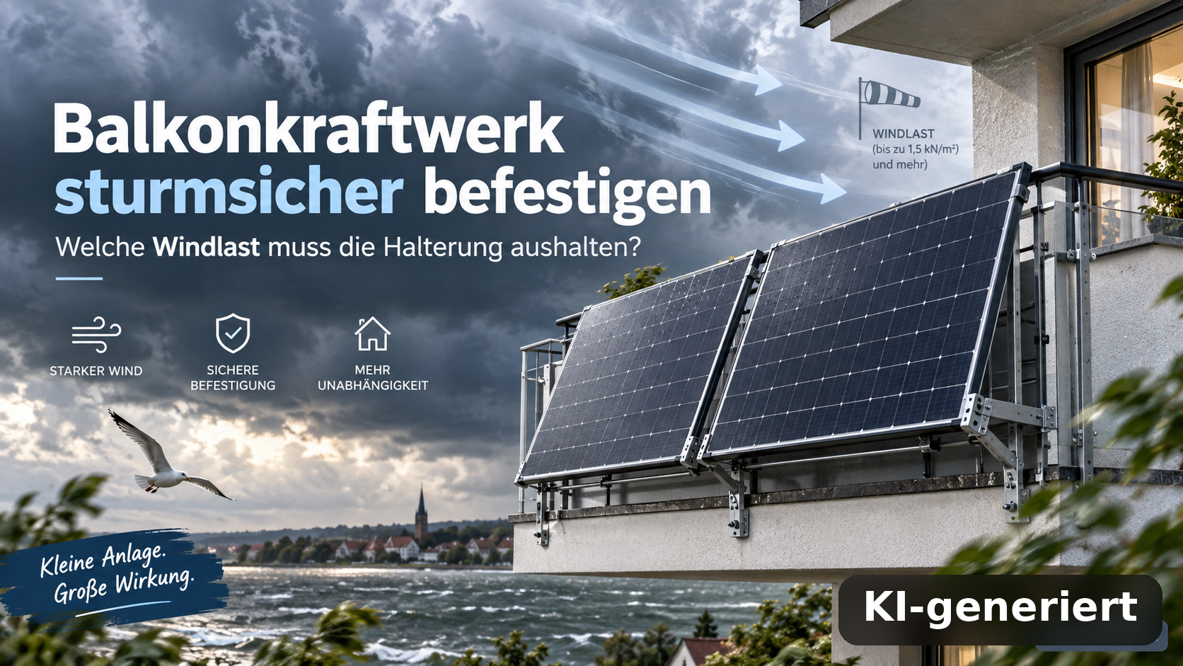 Balkonkraftwerk sturmsicher befestigen: Welche Windlast muss die Halterung aushalten? (KI-generiert)