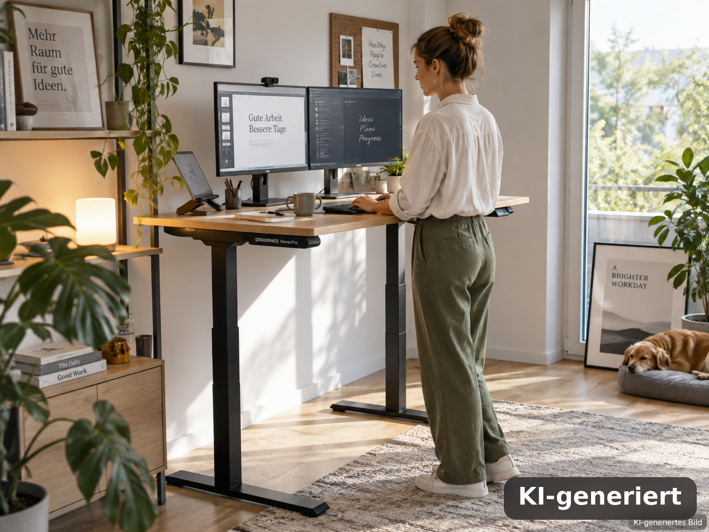 Person arbeitet im Stehen an einem höhenverstellbaren Schreibtisch mit zwei Monitoren (KI-generiert)