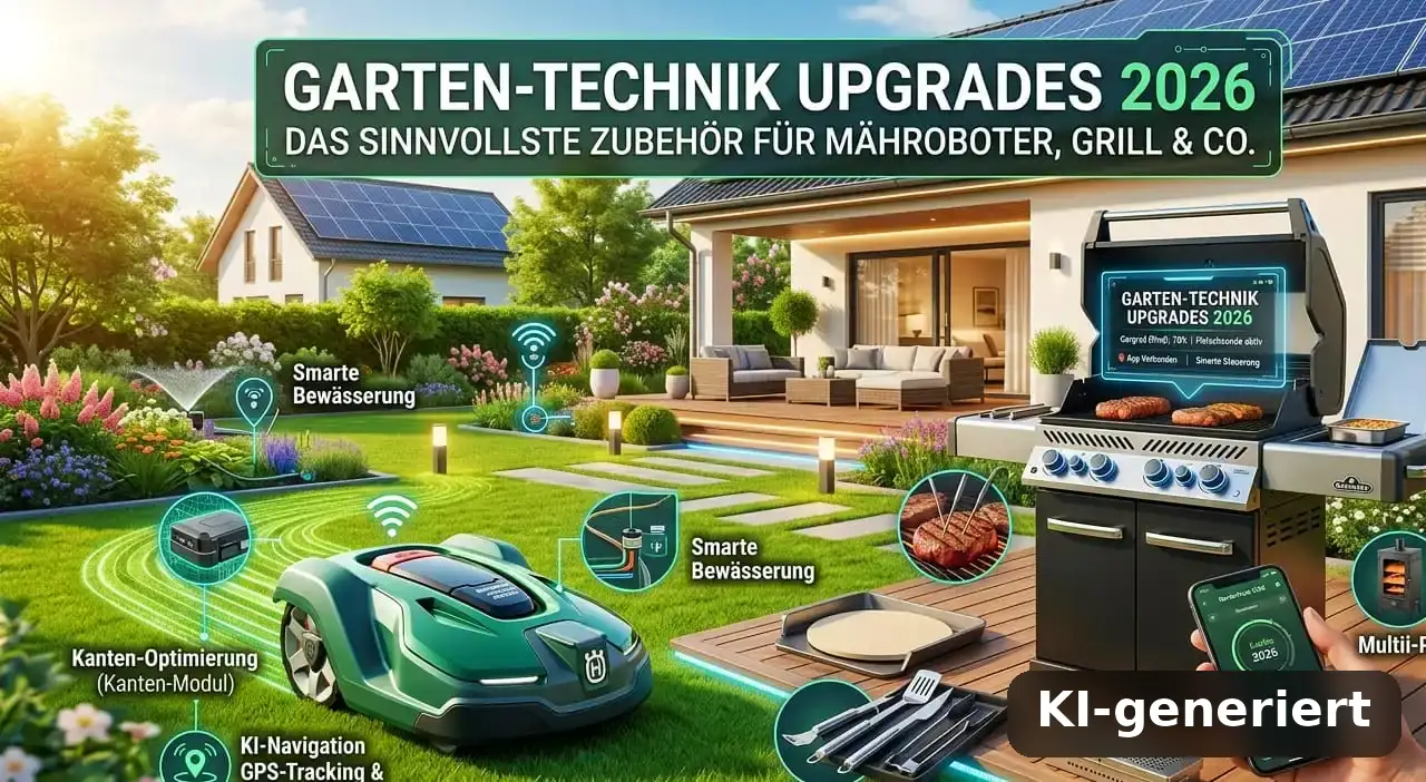 Garten-Technik Upgrades 2026:Das sinnvollste Zubehör für Mähroboter, Grill & Co 16 Garten-Technik-Upgrades (KI-generiert)