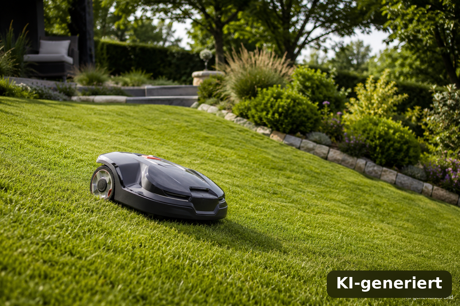 Mähroboter für Hanglage auf geneigtem Rasen im Garten (KI-generiert)