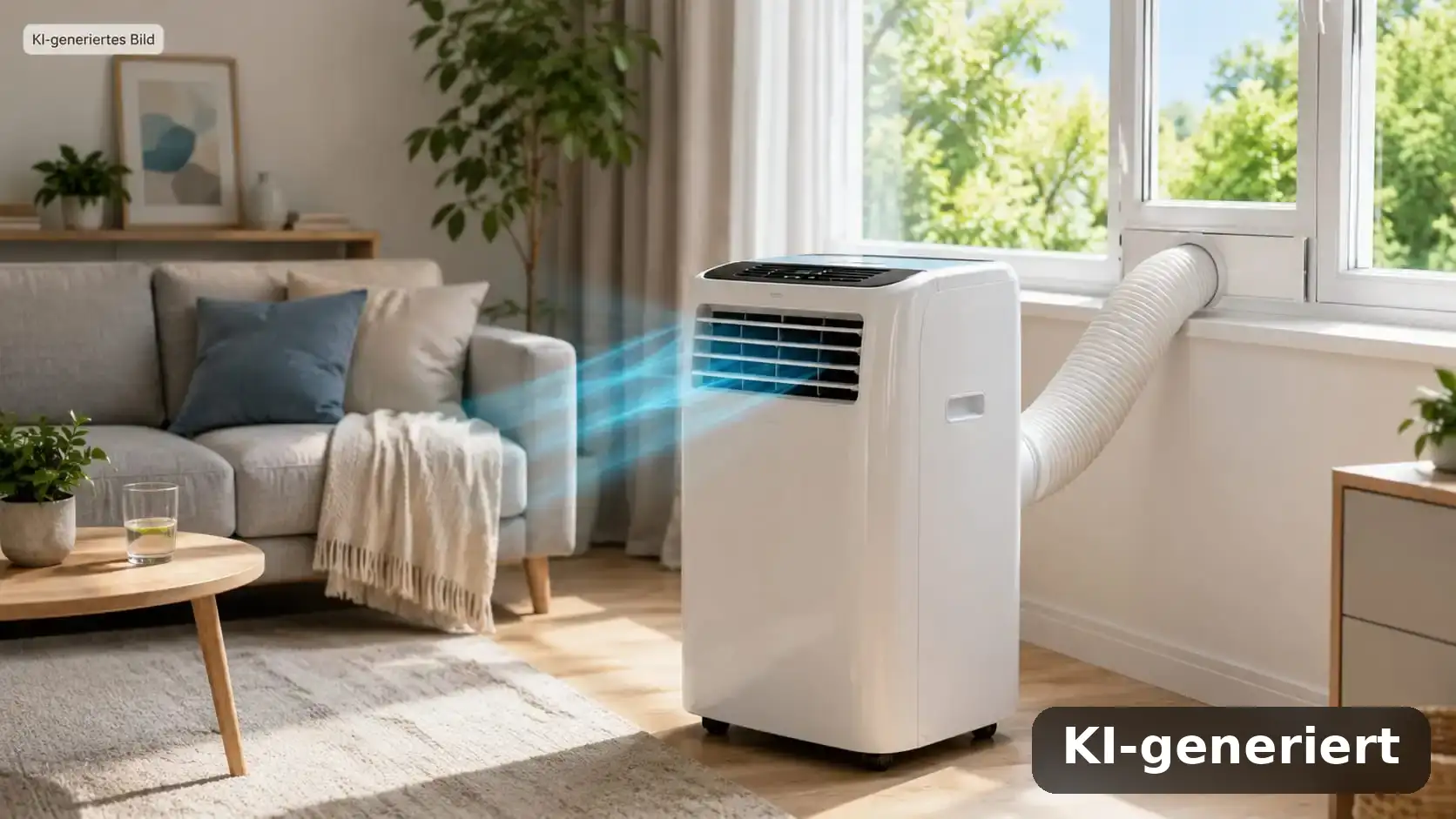 Mobile Klimaanlage in einem Wohnraum mit Fensterabdichtung als Beispiel für die passende Raumgröße (KI-generiert)