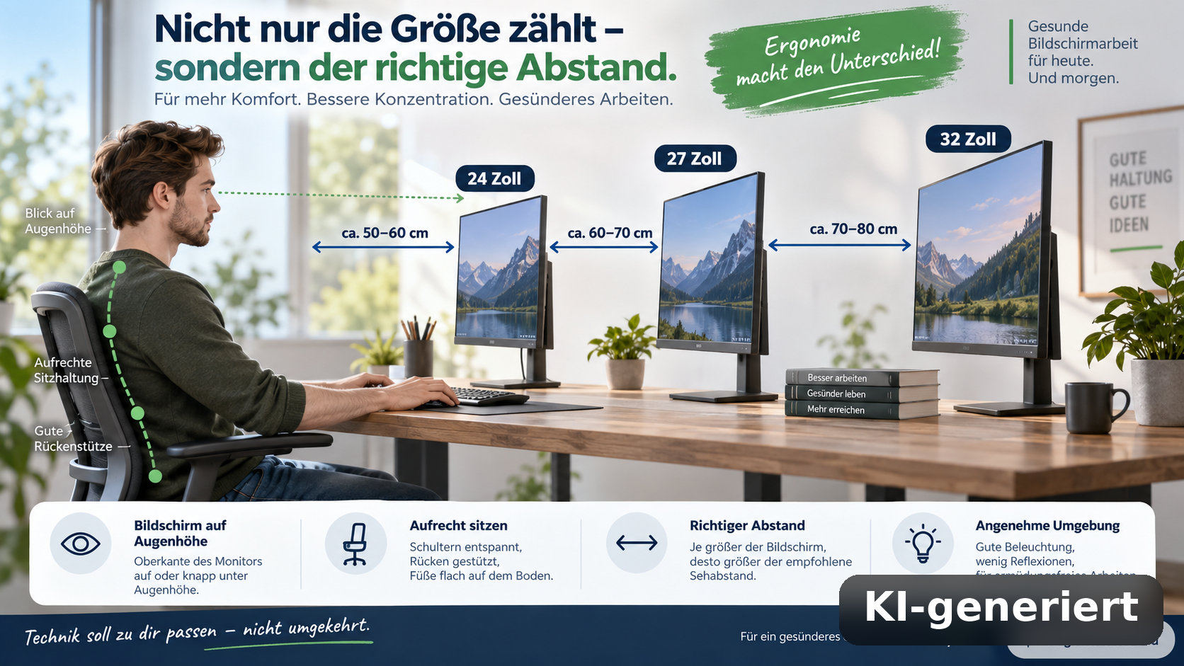 Monitorabstand für 24, 27 und 32 Zoll ergonomisch einstellen statt nur nach Zoll wählen. HolsteinShops.de (KI-generiert)