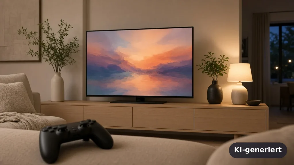 Fernseher im Wohnzimmer mit Gaming-Controller auf dem Sofa (KI-generiert)