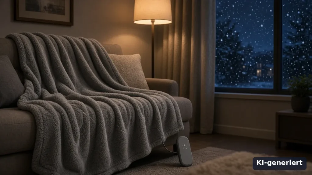 Heizdecke kaufen: elektrische Heizdecke auf dem Sofa an einem Winterabend (KI-generiert)