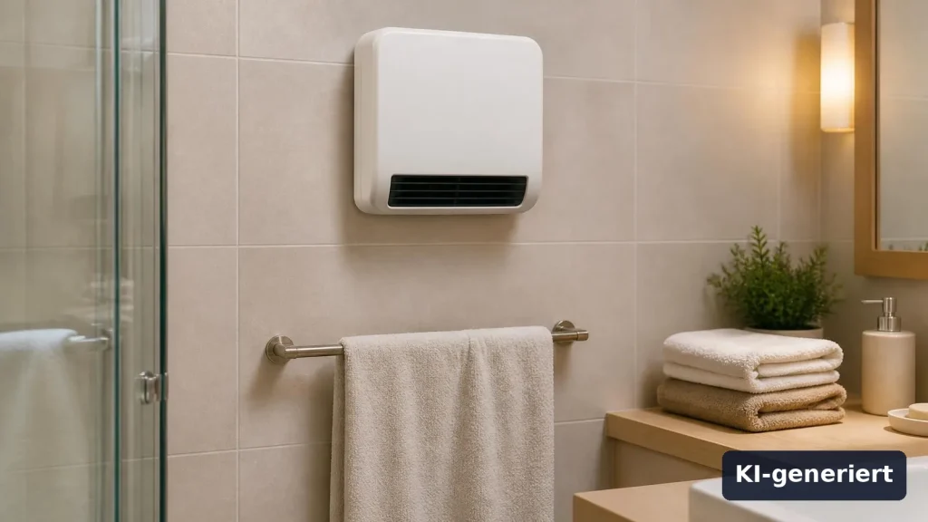 Wandheizer über dem Handtuchhalter im Badezimmer, Symbolbild (KI-generiert)