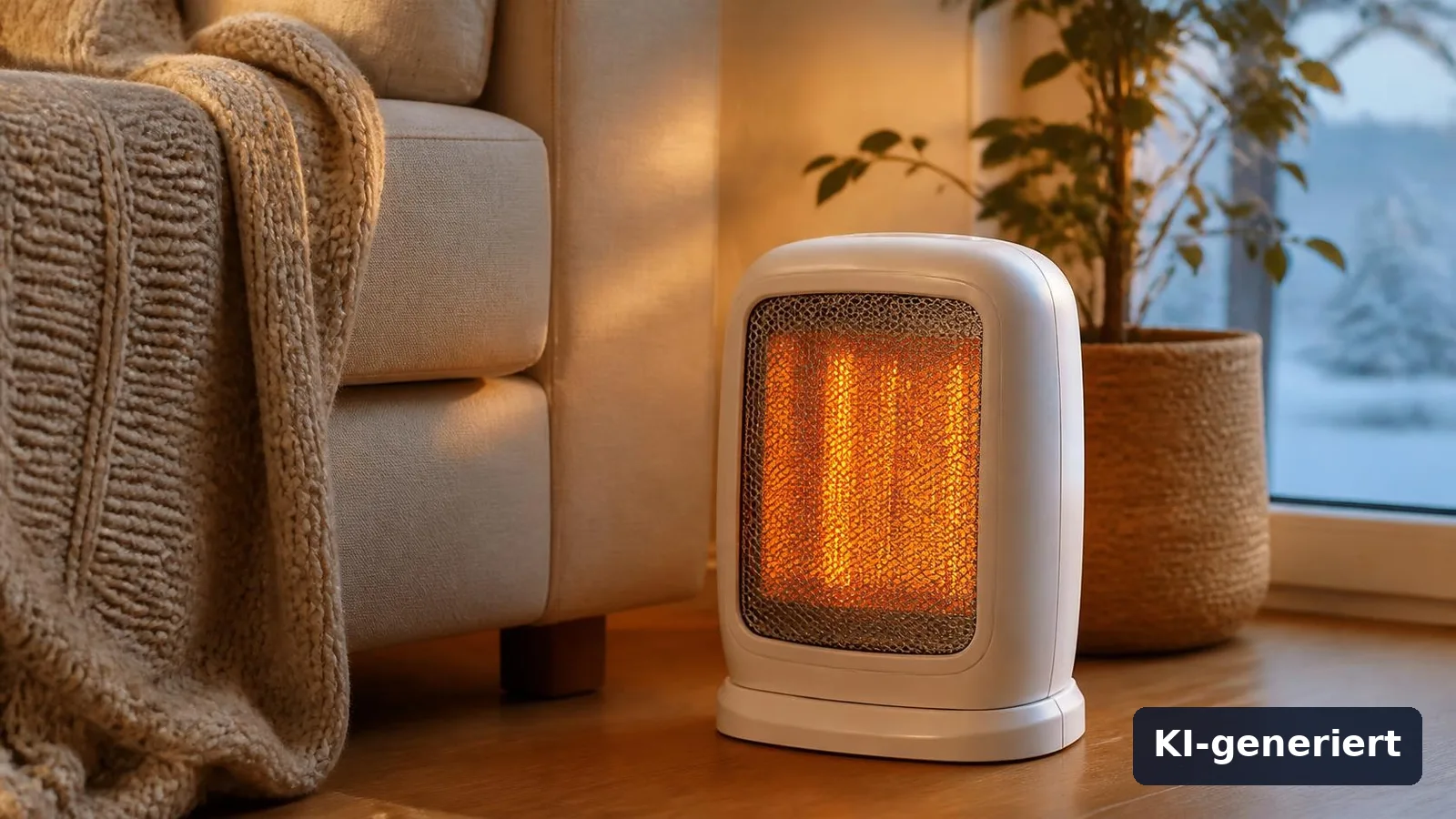 Heizlüfter Stromverbrauch: Kosten pro Stunde & Rechner 36 Heizlüfter neben dem Sofa im Wohnzimmer, Symbolbild (KI-generiert)