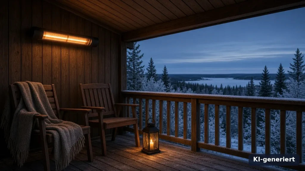 Heizstrahler kaufen: elektrischer Heizstrahler unter dem Vordach einer Terrasse im Winter (KI-generiert)