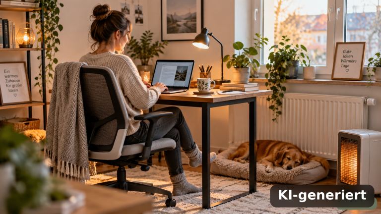 Heizmatte unter dem Schreibtisch im winterlichen Home-Office (KI-generiert)