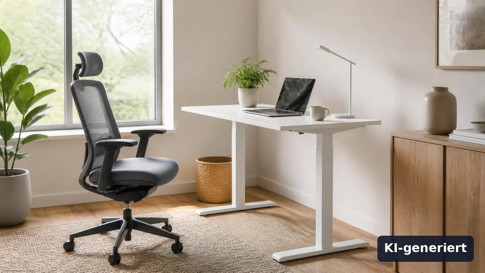 Ergonomischer Bürostuhl für langes Sitzen: 8+ Stunden im Home-Office 8 Höhenverstellbarer Schreibtisch mit Bürostuhl im hellen Home-Office, Symbolbild (KI-generiert)