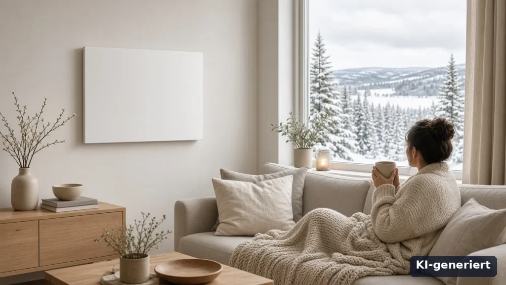 Weiße Infrarotheizung kaufen: Paneel an der Wohnzimmerwand im Winter (KI-generiert)