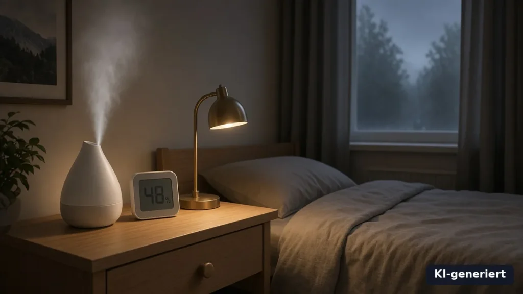 Luftbefeuchter kaufen: weißer Luftbefeuchter mit feinem Nebel auf einem Nachttisch im Schlafzimmer (KI-generiert)