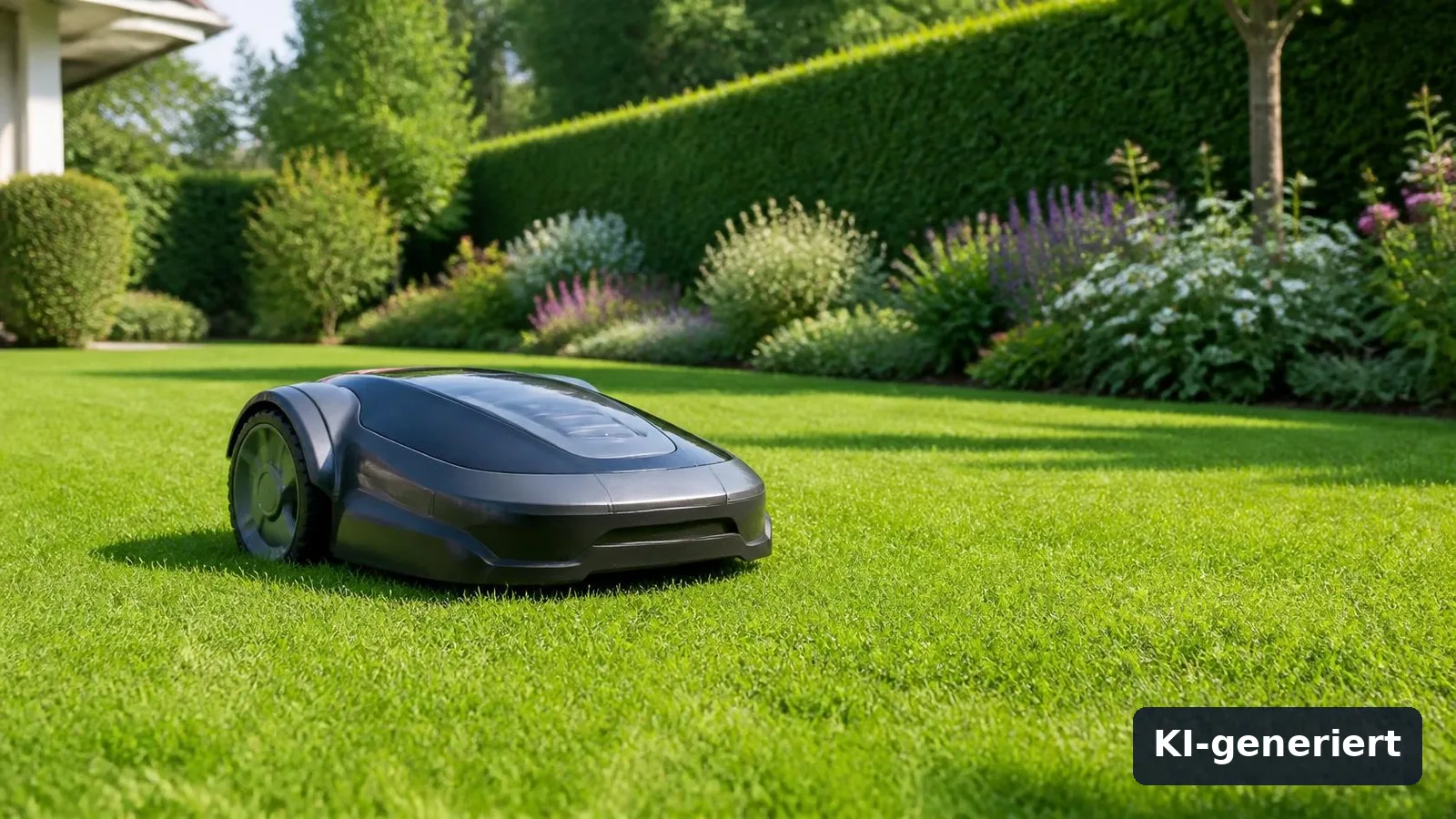 Mähroboter ohne Begrenzungskabel: Vergleich 2026 – die passenden Modelle für jeden Garten 29 Mähroboter auf einem gepflegten Rasen, Symbolbild (KI-generiert)
