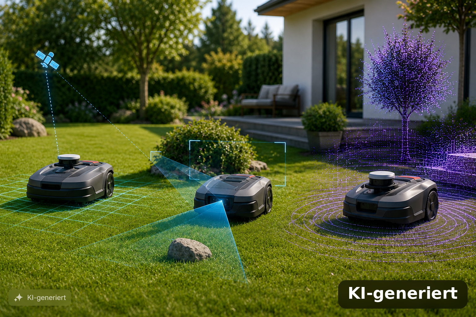 Mähroboter mit RTK, Kamera und LiDAR als redaktionelle Illustration zur Navigation ohne Begrenzungskabel (KI-generiert)