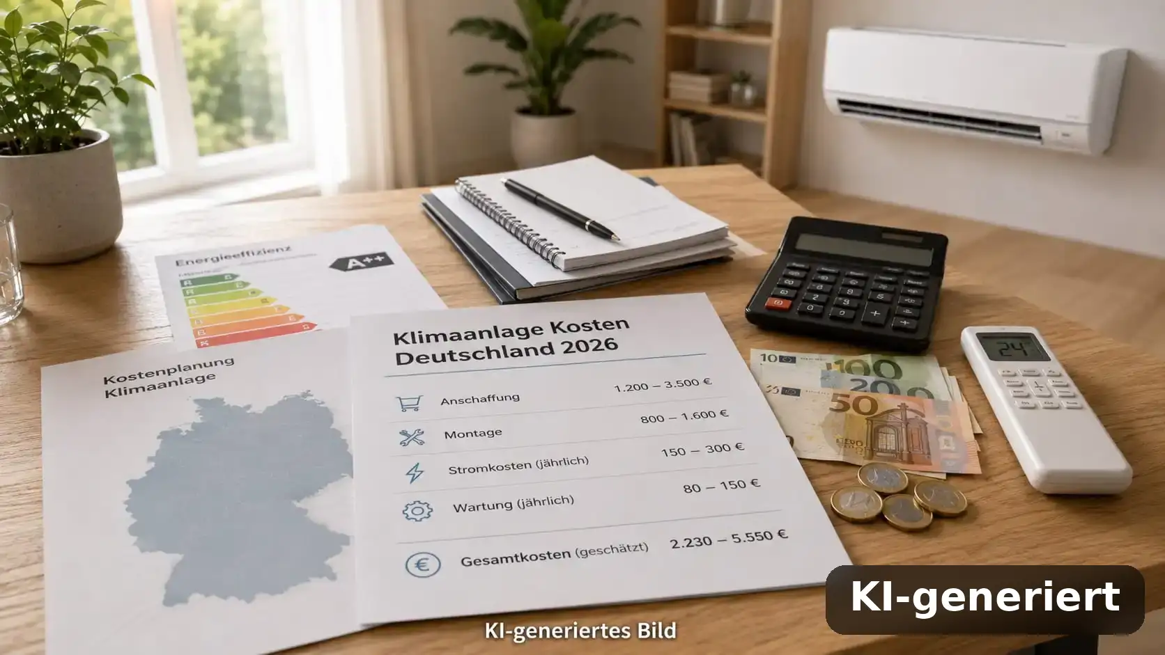 Mobile Klimaanlage: Stromverbrauch und Kosten richtig berechnen 3 Kostenplanung für eine Klimaanlage in Deutschland 2026: Infoblatt mit beispielhaften Posten von der Anschaffung bis zu den jährlichen Stromkosten, daneben Taschenrechner, Euro-Bargeld, Energielabel und Klimagerät an der Wand (KI-generiert)