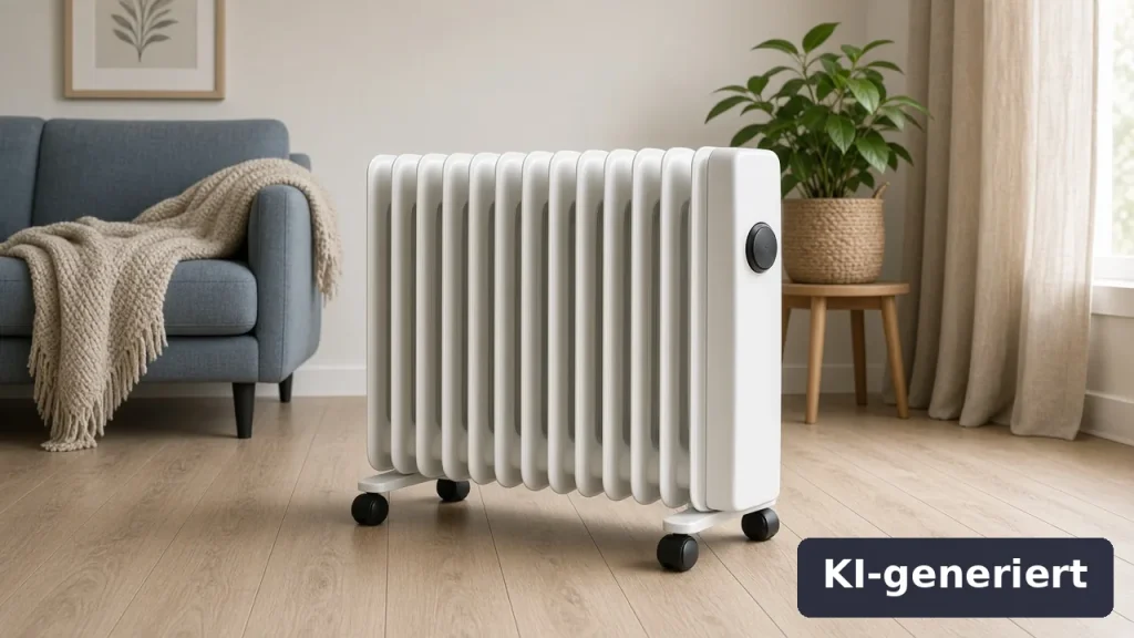 Ölradiator mit Thermostatregler in einem Wohnzimmer (KI-generiert)