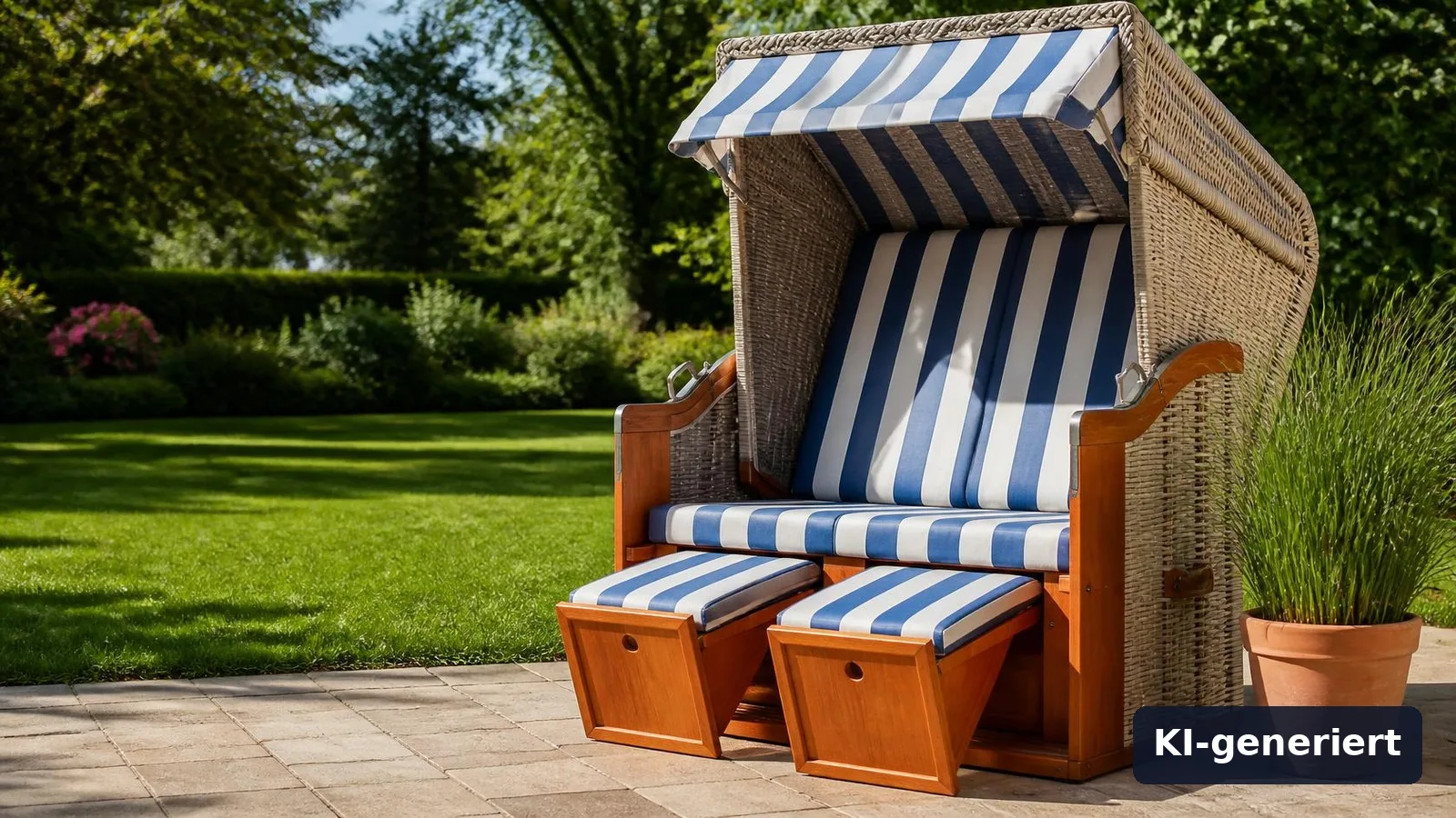 Strandkorb Test 2026: Die 5 besten Modelle für Garten & Balkon im Vergleich 1 Strandkorb mit gestreiften Polstern auf der Gartenterrasse, Symbolbild (KI-generiert)