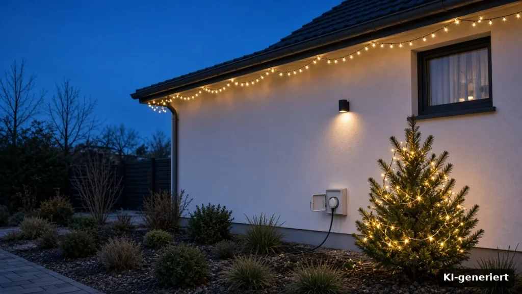 Warmweiße Lichterkette an einer Hausfassade am Abend mit Außensteckdose (KI-generiert)